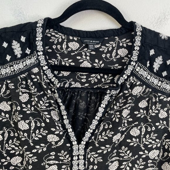 Lucky Brand Womens Medium Floral Boho Blouse Black White Embroidered Top Shirt - Picture 8 of 10